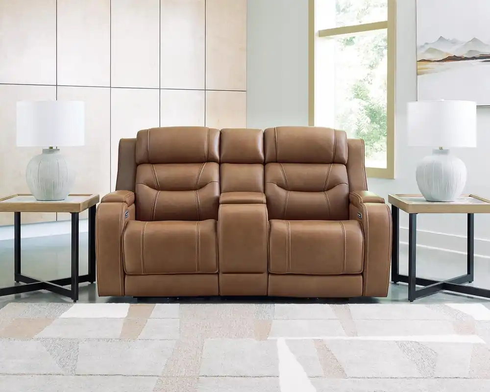 Ashley Knightington Leather Power Reclining Loveseat with Sound System in Caramel