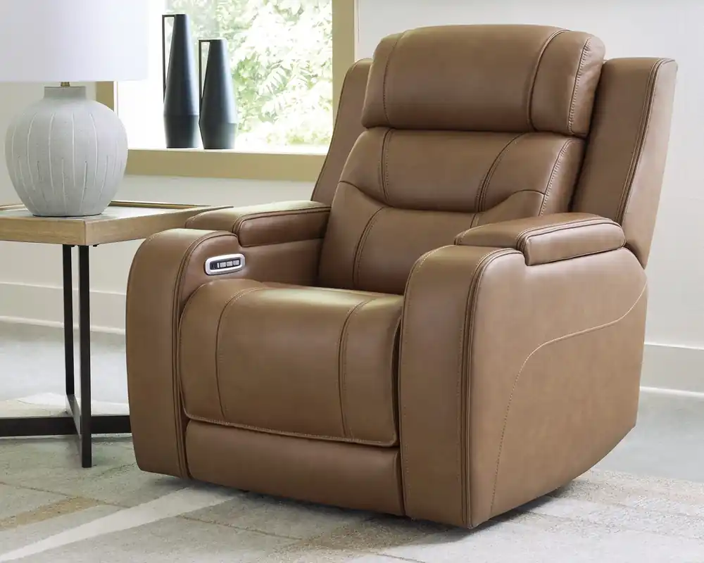 Ashley Knightington Leather Power Recliner with Sound System in Caramel