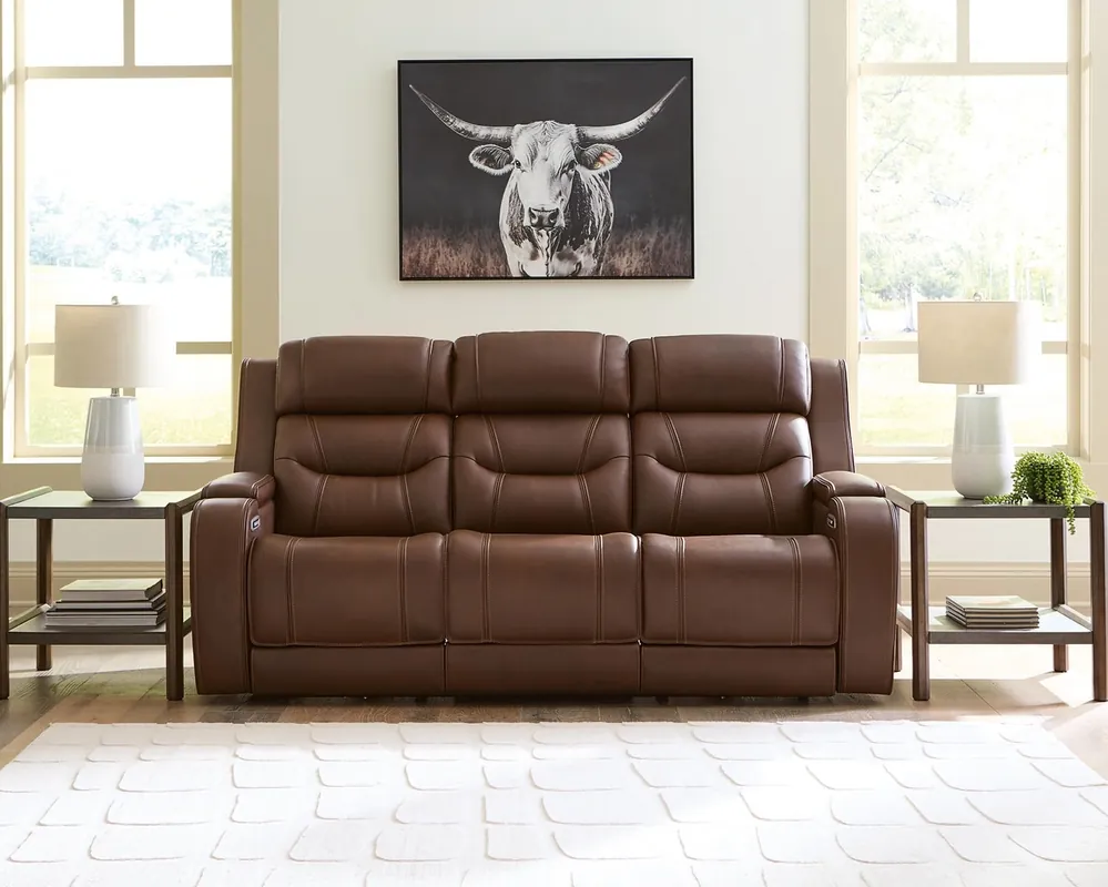 Ashley Knightington Leather Power Reclining Sofa with Sound System in Brown