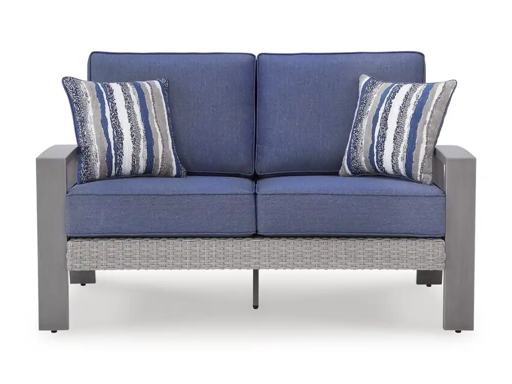 Ashley Half Moon Beach Outdoor Loveseat in Blue/Gray