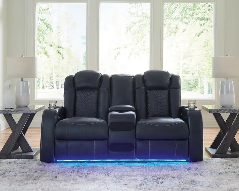 Ashley Fyne-Dyme Power Reclining Loveseat with Console and LED Lighting in Sapphire
