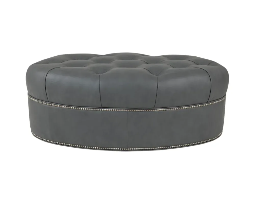 Smith Brothers 2230 Collection Leather Oval Ottoman in Slate Blue