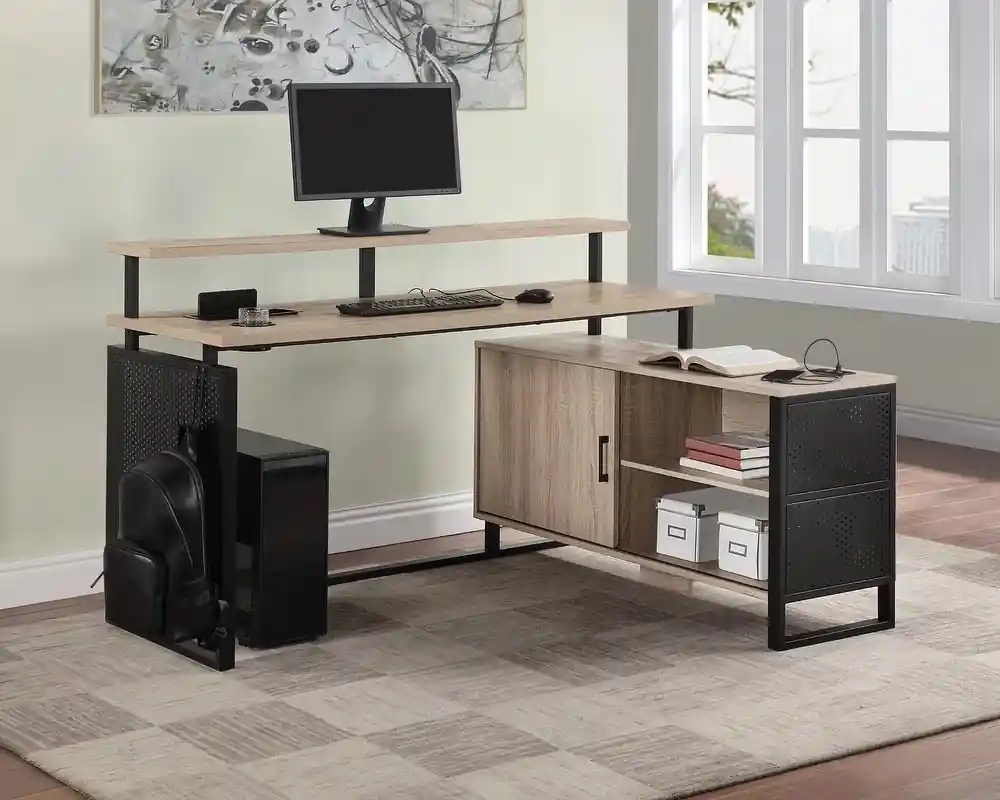 Officestar Products AC60L Ace L-Shaped Desk with Monitor Shelf in River Oak