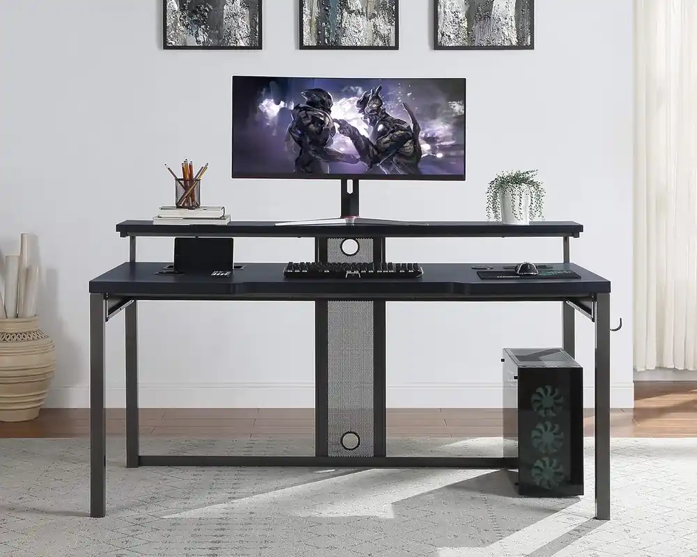 Officestar Products Adaptor Gaming Desk with LED Lighting in Black