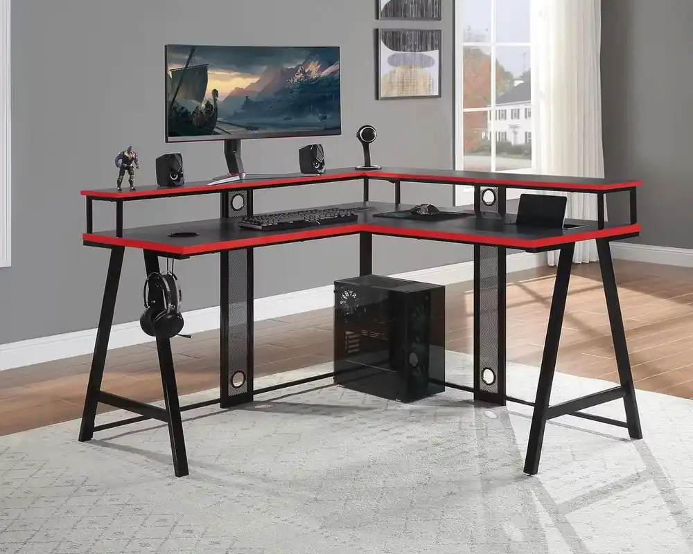 Officestar Products Disruptor L-Shaped Gaming Desk in Black and Red