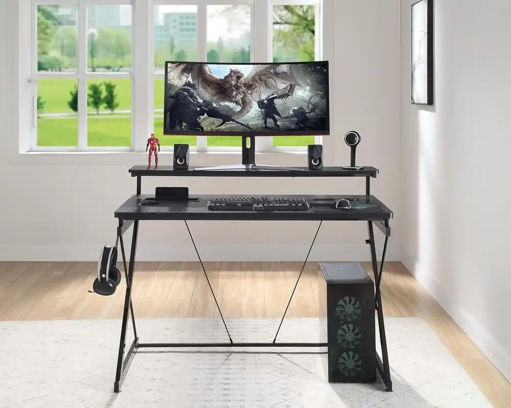 Officestar Products Emulator Battlestation Gaming Desk with LED Lighting in Black