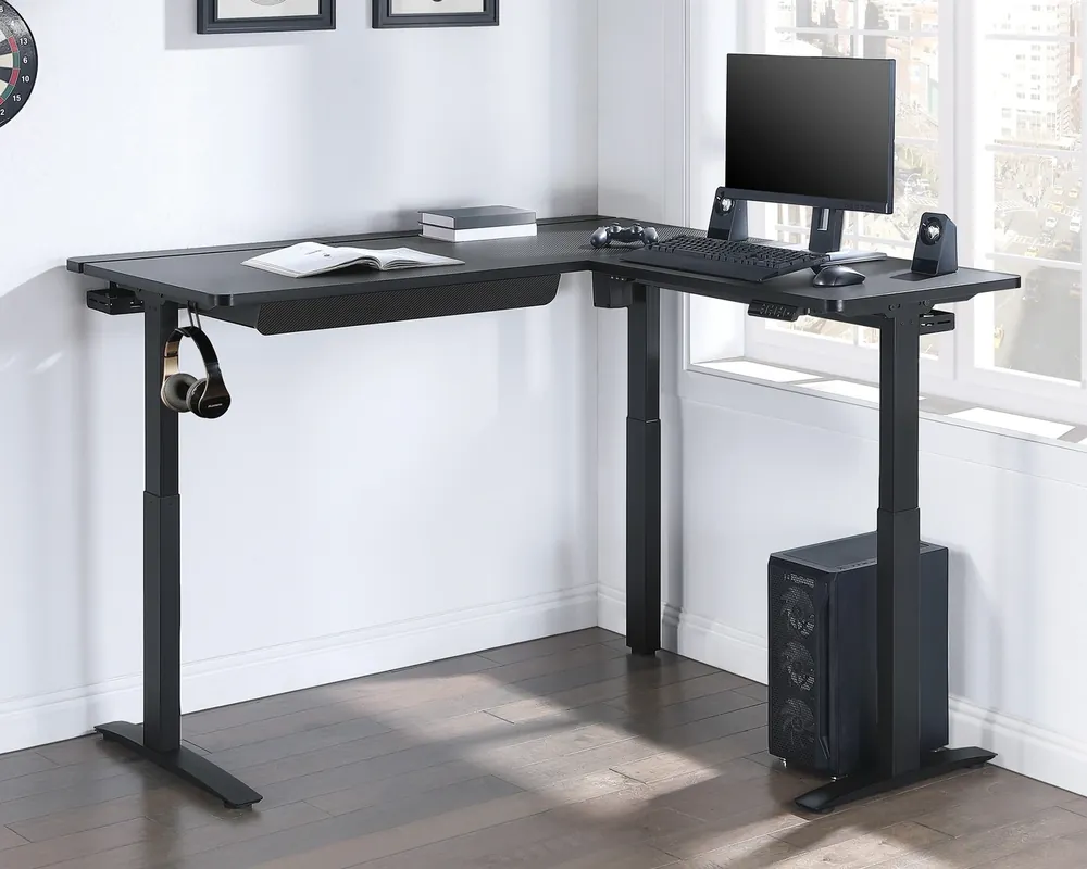 Officestar Products Kilo Electric L-Shaped Sit/Stand Desk with LED Lighting in Black
