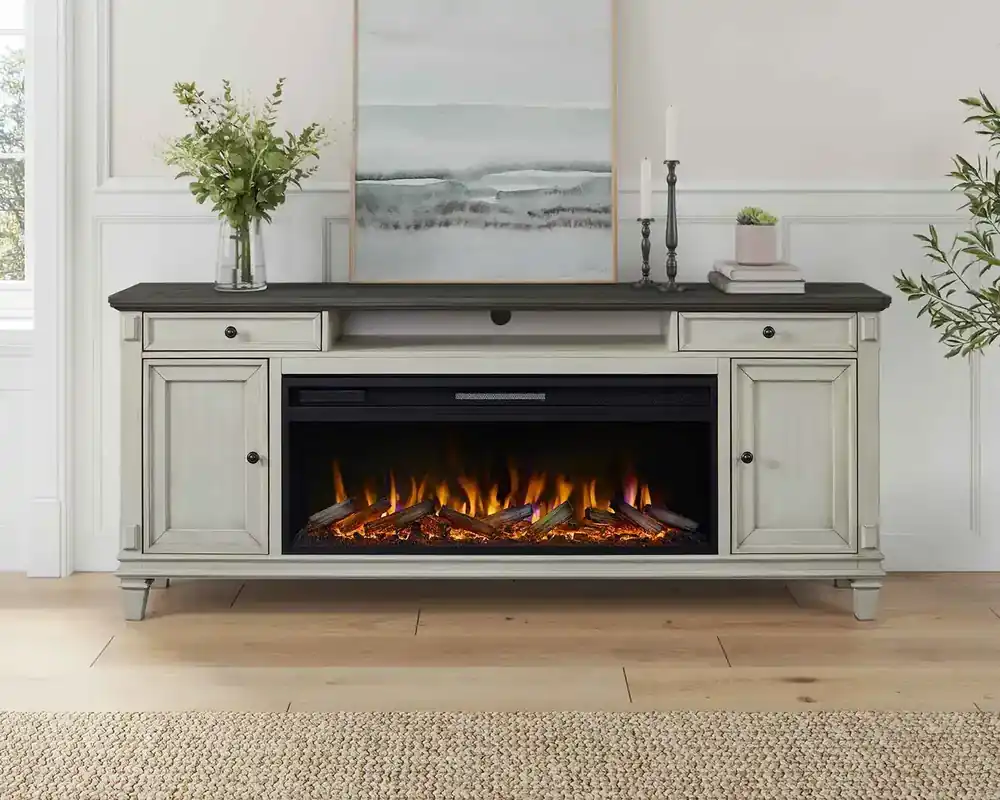 Martin Furniture Hartford TV Stand with Electric Fireplace in Vintage Linen - 76-Inch