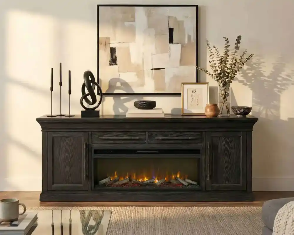 Martin Furniture Willow Lane TV Stand with Electric Fireplace in Ebony Black - 80-Inch
