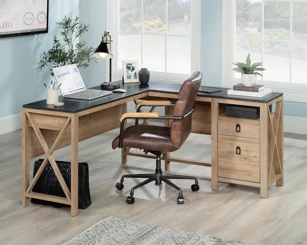 Sauder Newberry L-Shaped Desk in Khaki Pine