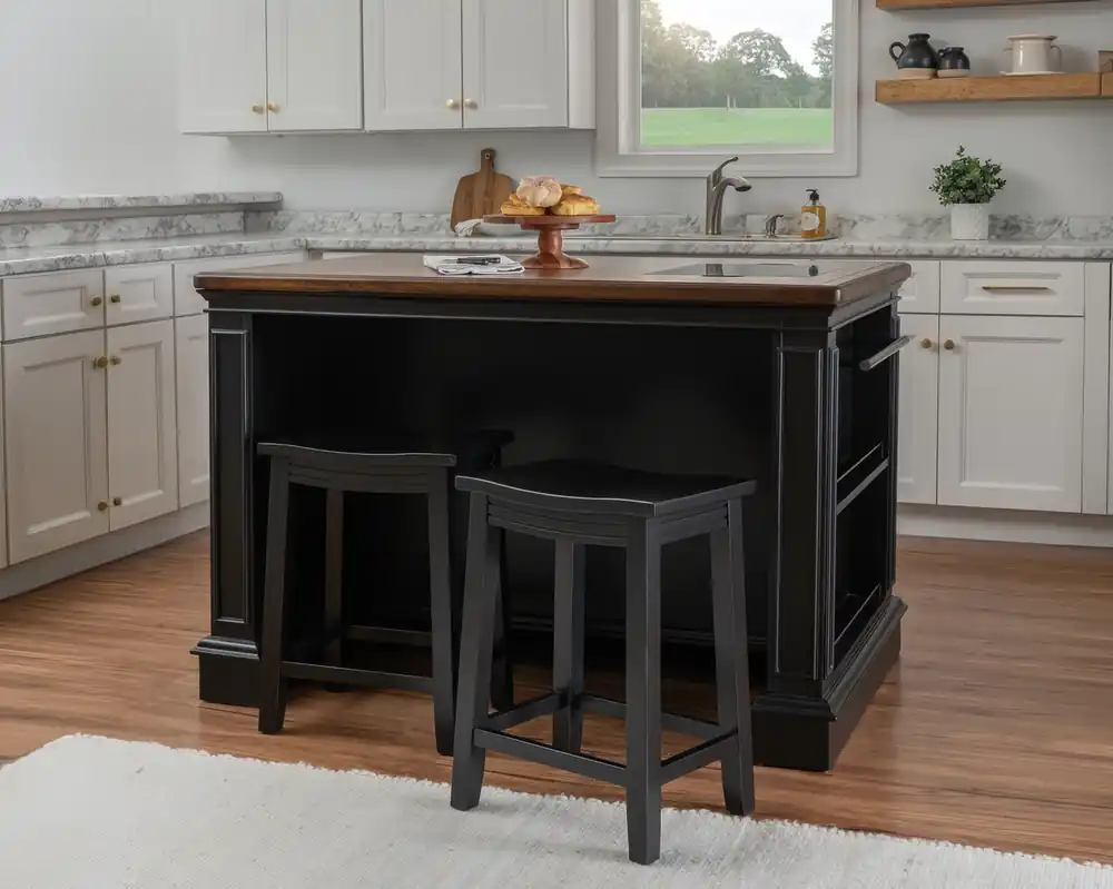 Linon Penda Kitchen Island with 2 Stools in Black/Walnut
