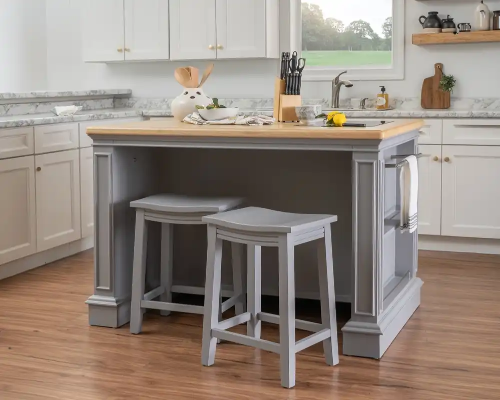 Linon Penda Kitchen Island with 2 Stools in Gray/Natural