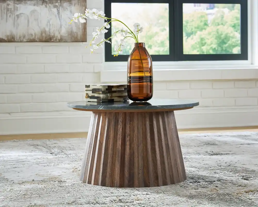 Ashley Ceilby Round Coffee Table with Black Marble Top