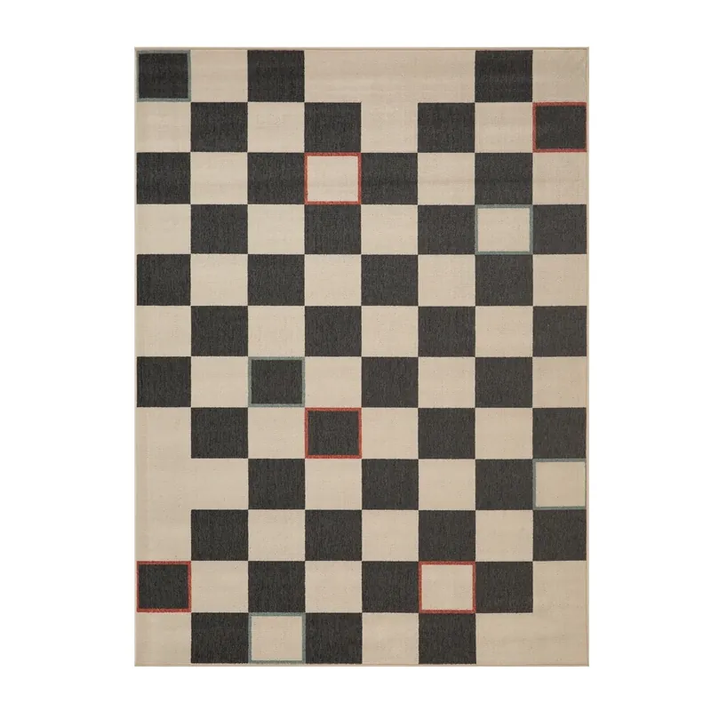 LR Home Mapa Checkered Outdoor Rug in Black - 8 x 9.9