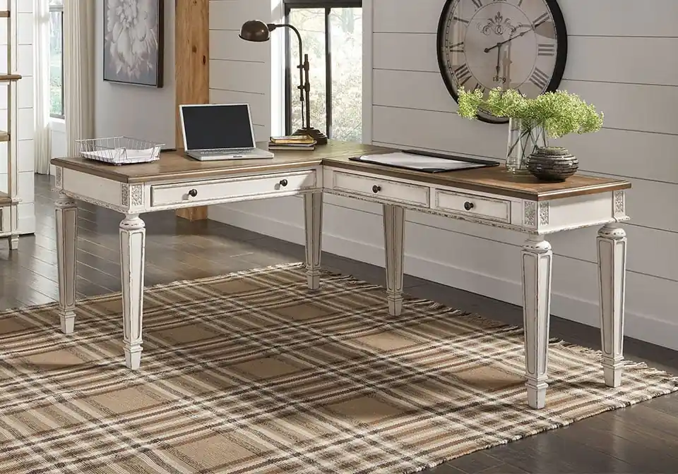 Realyn Chipped White L-Shaped Desk