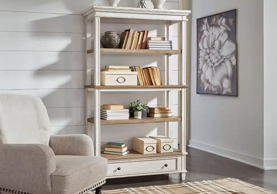 Realyn Chipped White Bookcase - Office & Entertainment