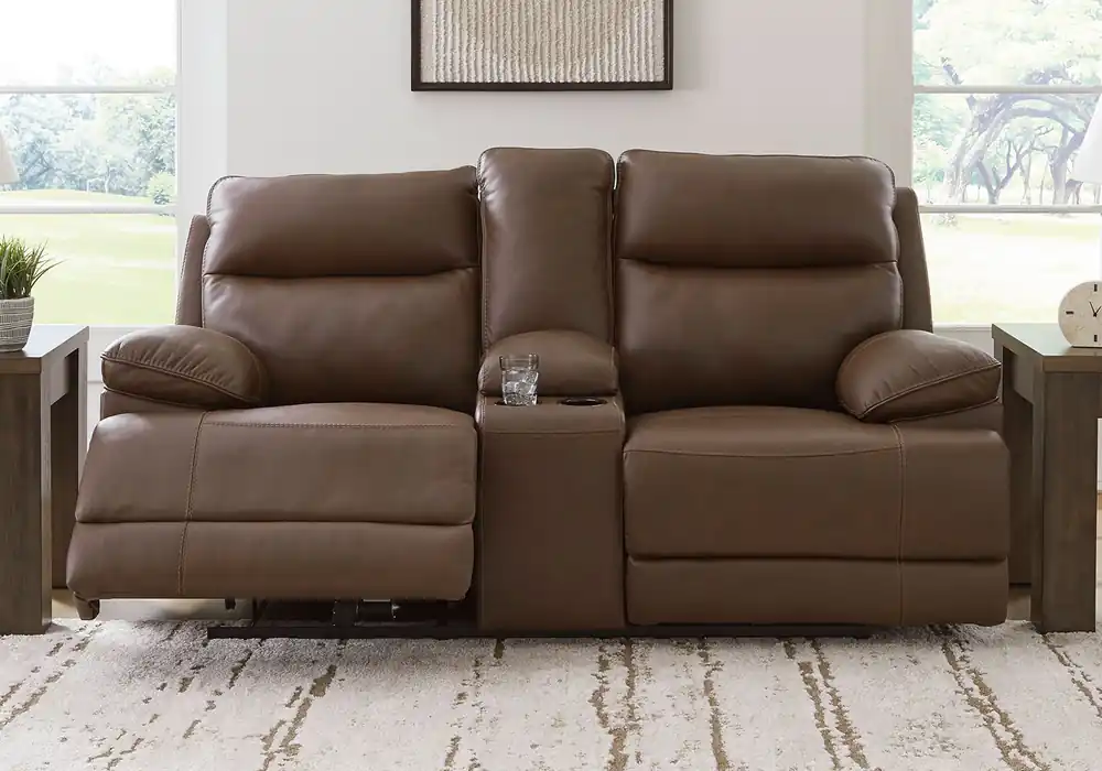 VonRyan Tobacco Power Reclining Love Seat Console - Living Room