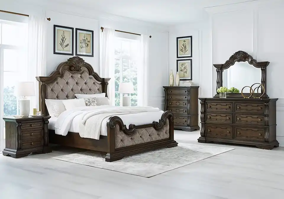 Maylee Dark Brown King Upholstered Bed Set - Bedroom