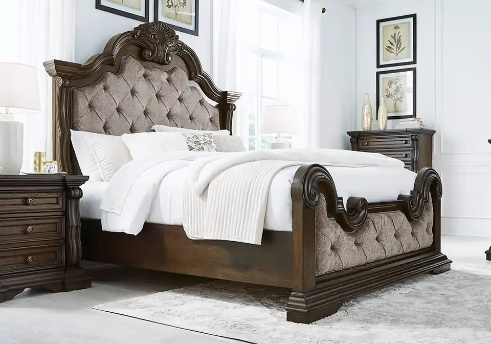 Maylee Dark Brown Queen Upholstered Bed - Bedroom