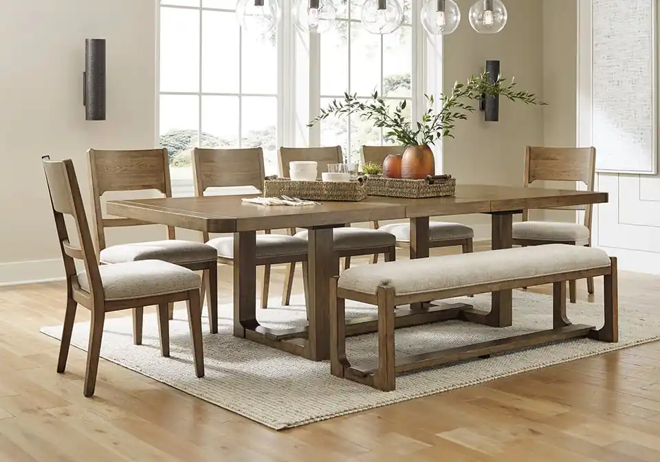 Cabalynn Light Brown 8pc. Dining Set w/ Bench - Dining Room