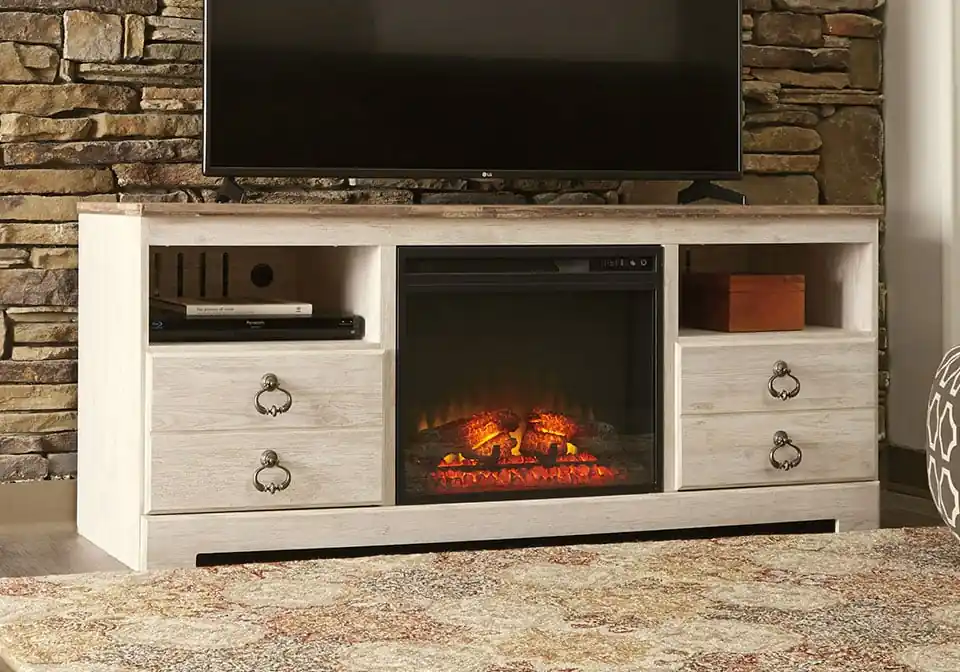 Willowton Whitewash Large TV Stand w/ Fireplace - home office & entertainment