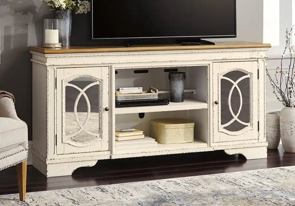 Realyn Chipped White Extra Large TV Stand - home office & entertainment