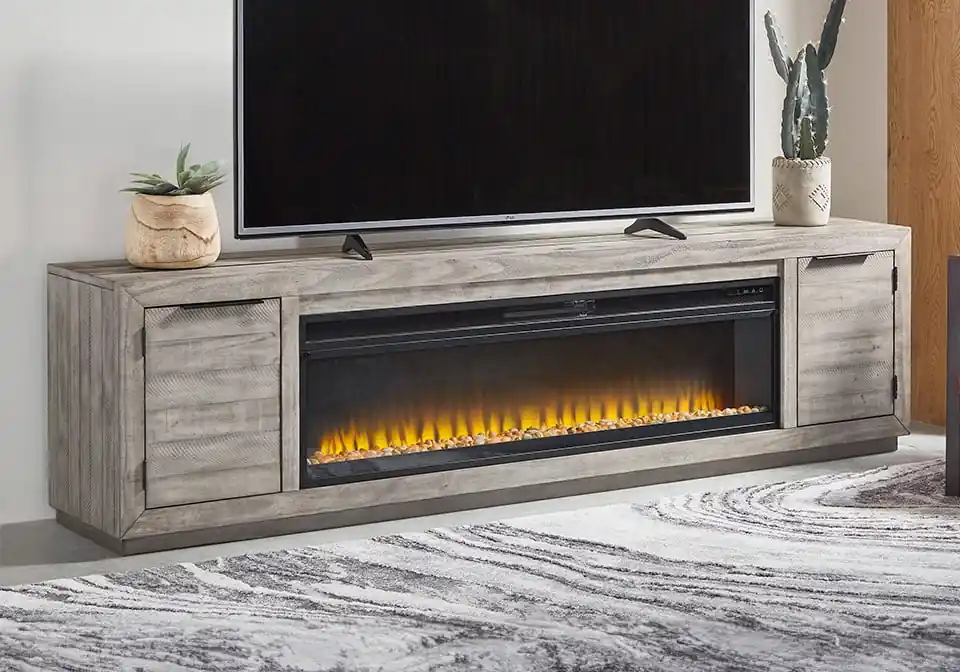 Naydell Gray Extra Large TV Stand w/ Fireplace - home office & entertainment