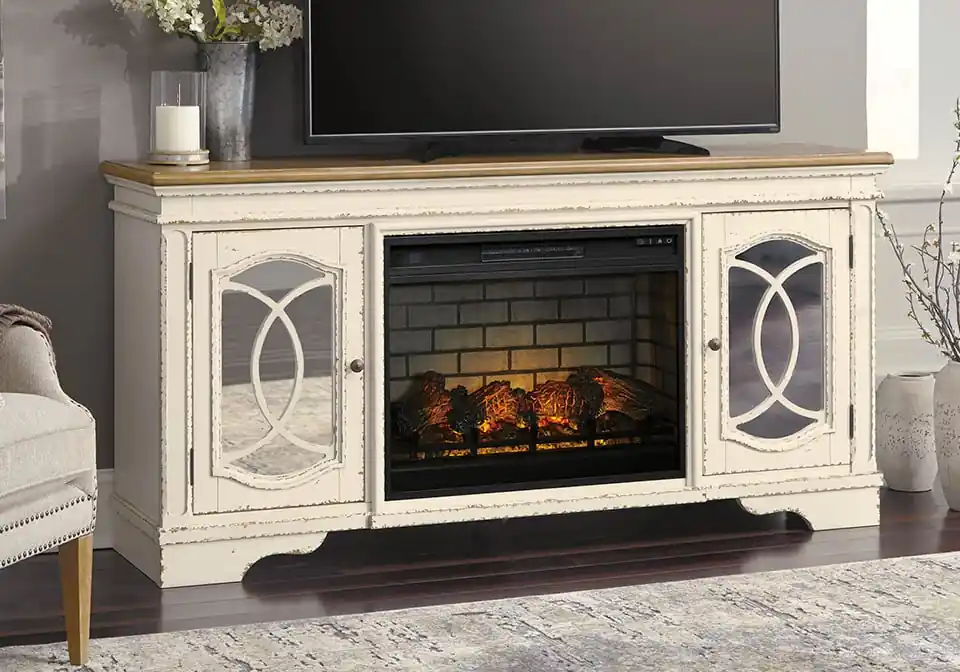 Realyn Chipped White Extra Large TV Stand w/ Fireplace - home office & entertainment