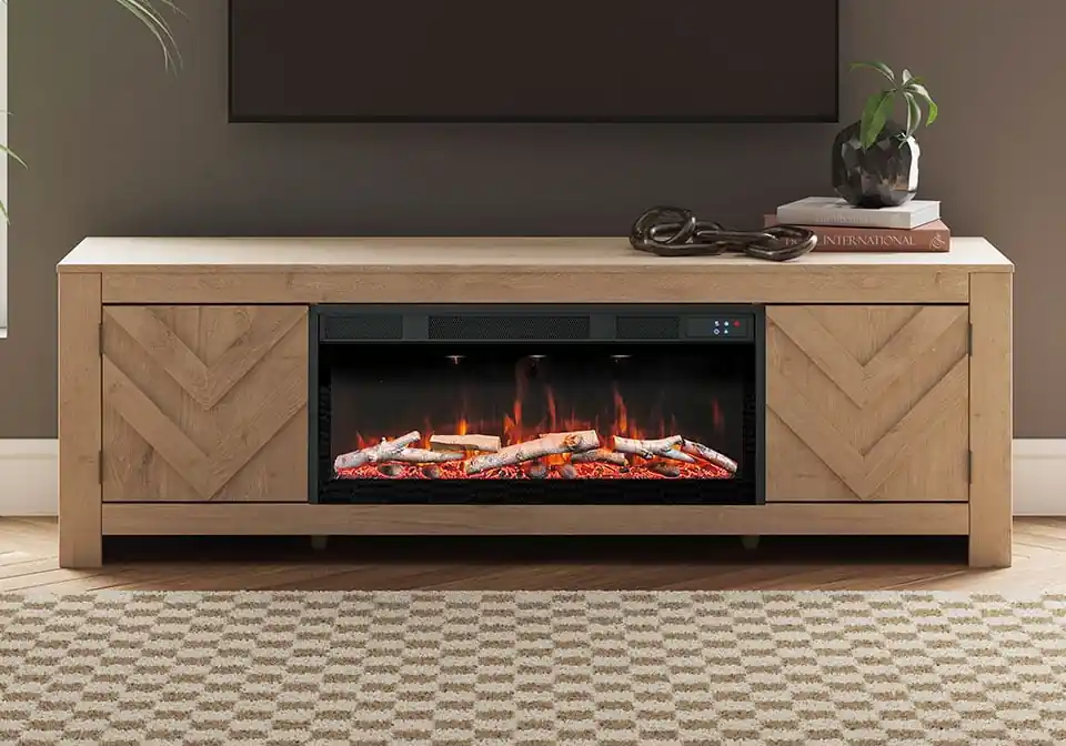 Cayboni Tan TV Stand w/ Fireplace - home office & entertainment