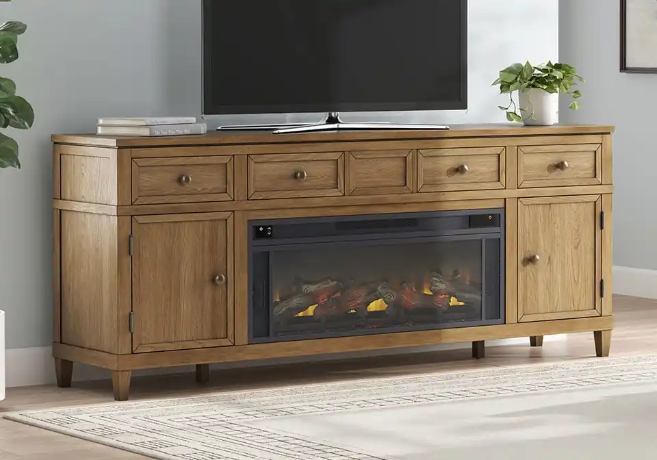 Sharlance Light Brown TV Stand w/ Fireplace - home office & entertainment