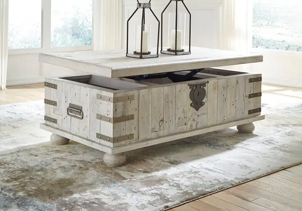 Carynhurst White Wash Gray Lift Top Cocktail Table - cocktail tables